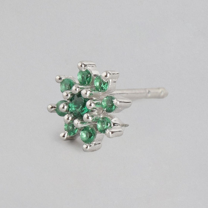 Green Stones Star Rhodium Plated 925 Sterling Silver Stud