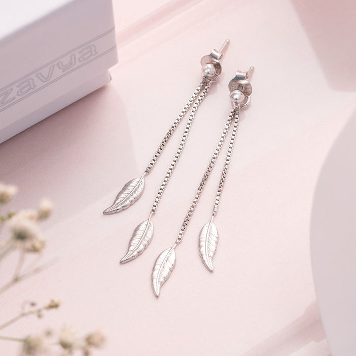 Hanging Leaf Rhodium Plated 925 Sterling Silver Studs