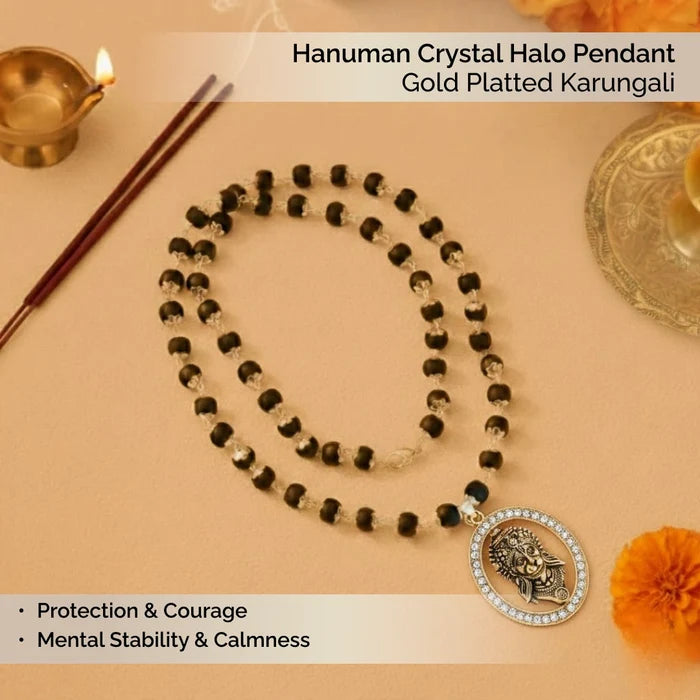 Hanuman Crystal Halo Pendant with Gold Platted Karungali