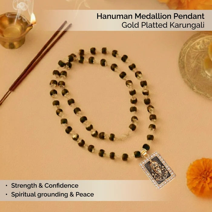 Hanuman Medallion Pendant with Gold Platted Karungali