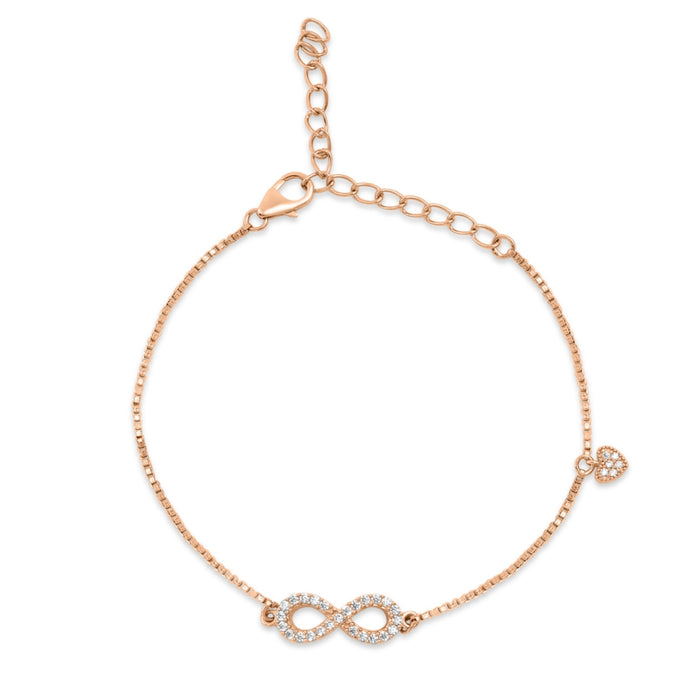 Minimalist rose gold 925 Sterling Silver bracelet for women with a studded infinity and heart charm – Zavya