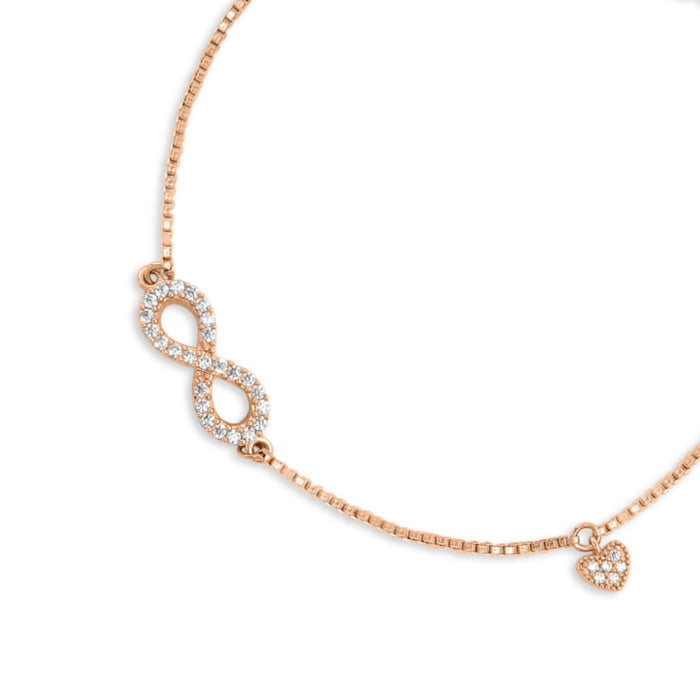 Rose gold 925 Sterling Silver infinity bracelet for women featuring a studded heart – Zavya