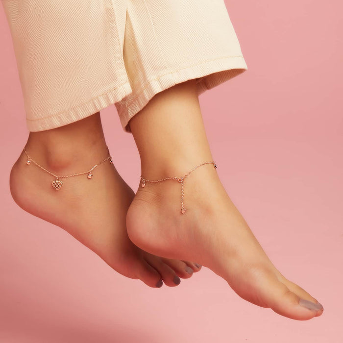 Heart Charm Rose Gold Plated 925 Sterling Silver Anklet