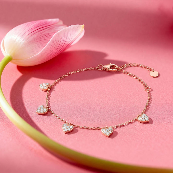 Heart Charms Rose Gold Plated 925 Sterling Silver Bracelet