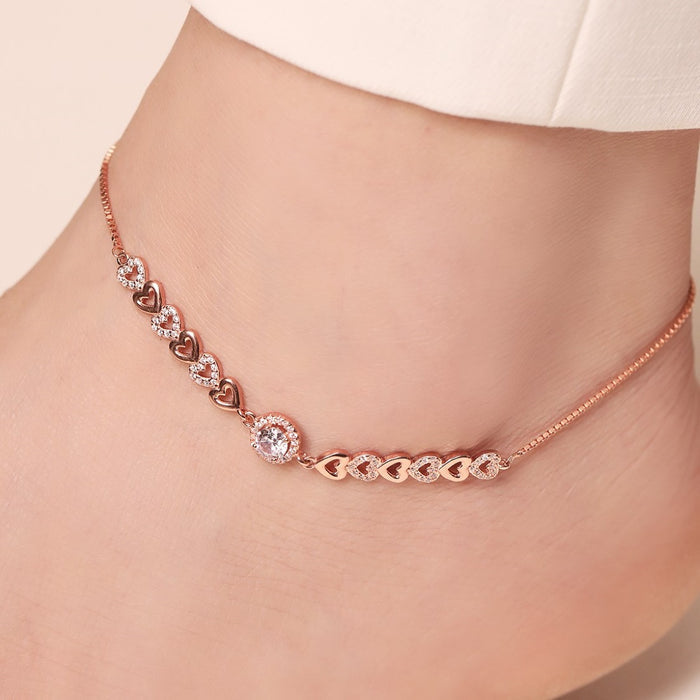 Heart Cubic Zirconia Rose Gold Plated 925 Silver Anklet