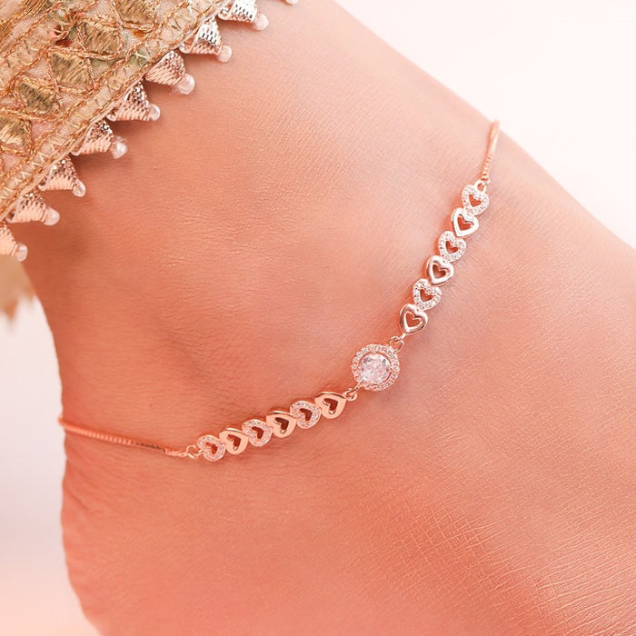 Heart Cubic Zirconia Rose Gold Plated 925 Silver Anklet