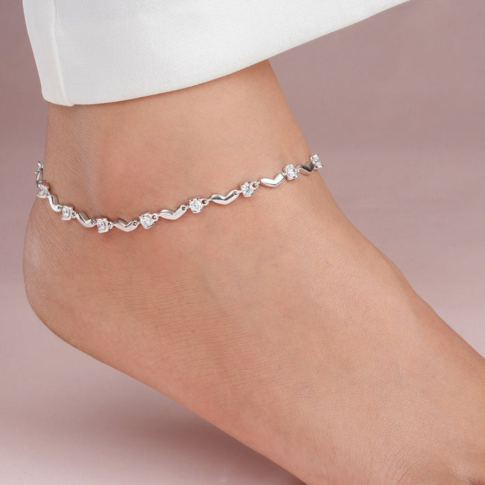 Heart CZ Rhodium Plated 925 Silver Anklet