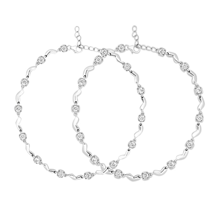 Heart CZ Rhodium Plated 925 Silver Anklet