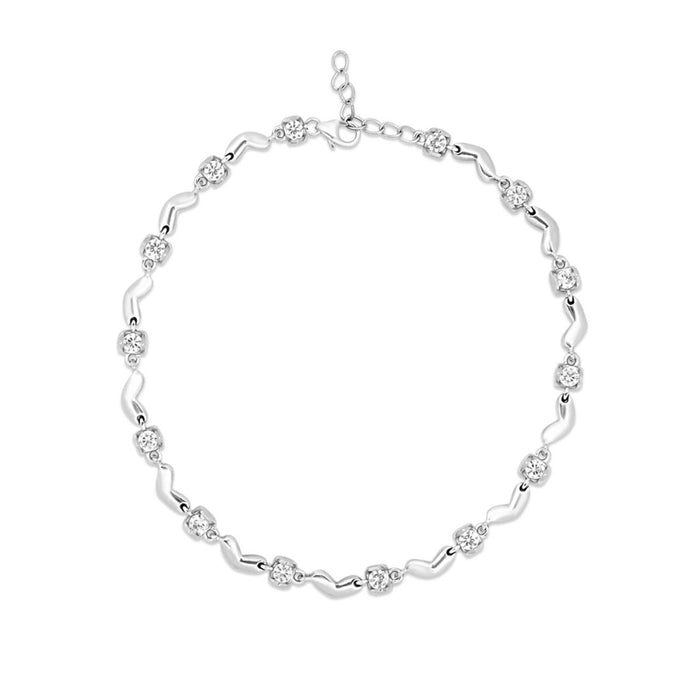 Heart CZ Rhodium Plated 925 Silver Anklet