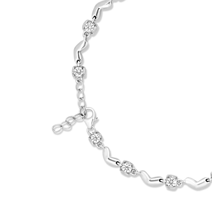 Heart CZ Rhodium Plated 925 Silver Anklet