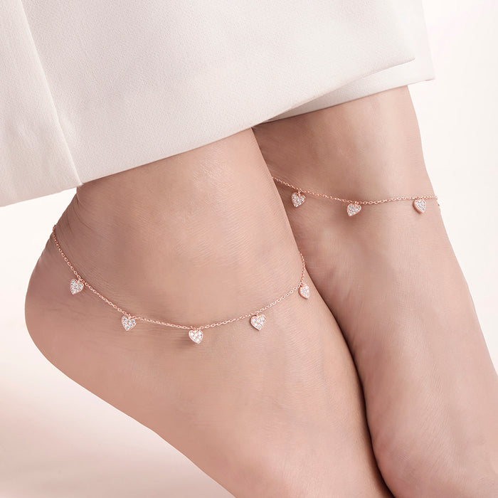 Heart CZ Rose Gold Plated 925 Sterling Silver Anklet
