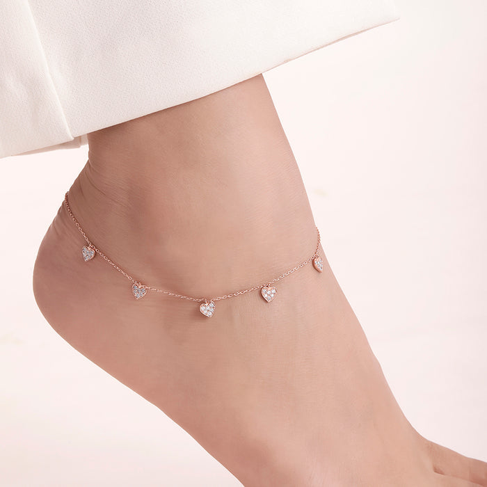 Heart CZ Rose Gold Plated 925 Sterling Silver Anklet