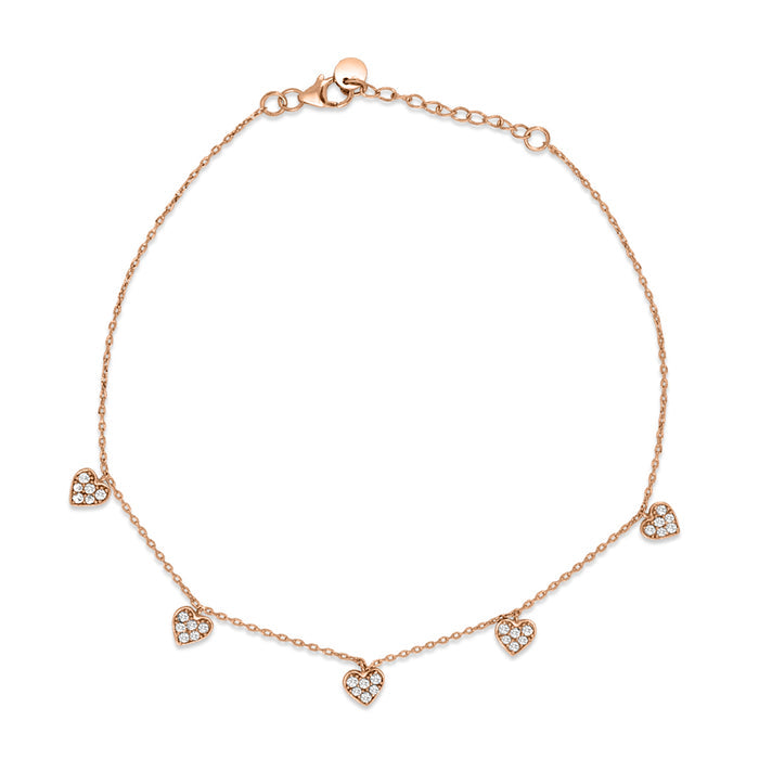 Heart CZ Rose Gold Plated 925 Sterling Silver Anklet