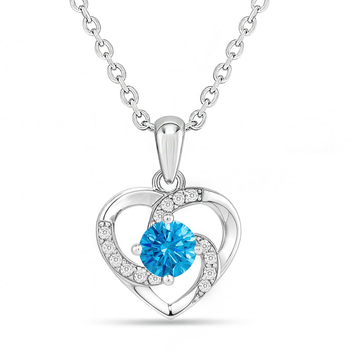 925 Sterling Silver heart pendant necklace for women with a blue center stone and clear gems. – Zavya