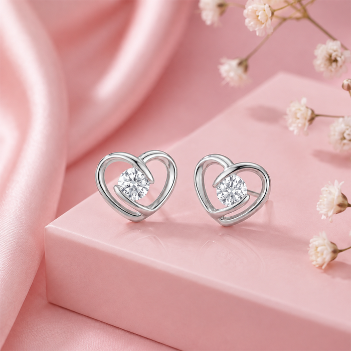 Heart-Shaped CZ Rhodium Plated 925 Sterling Silver Stud Earrings