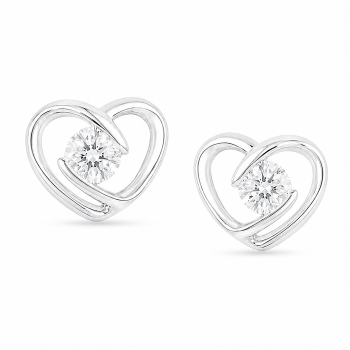 Heart-Shaped CZ Rhodium Plated 925 Sterling Silver Stud Earrings