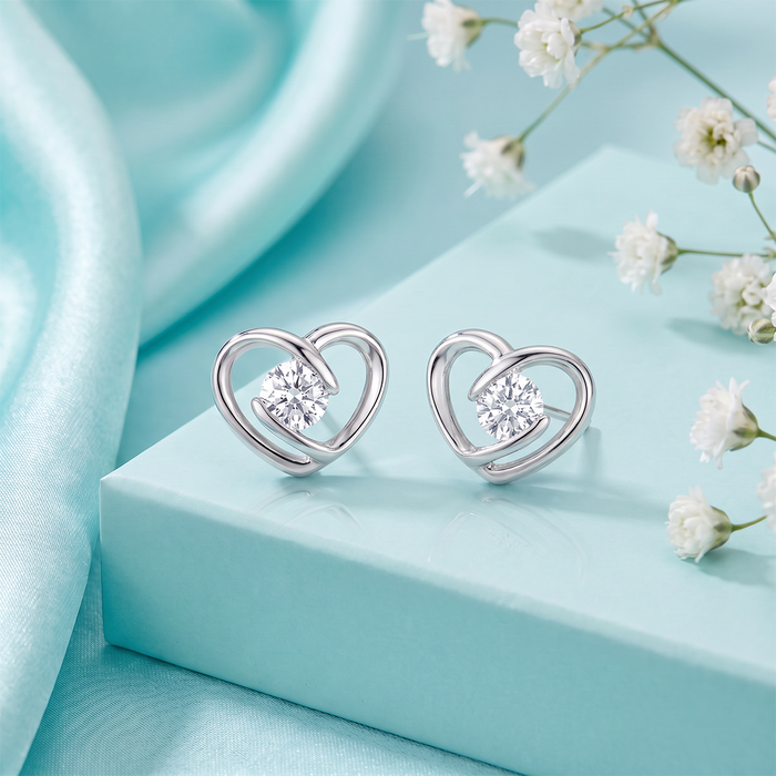 Heart-Shaped CZ Rhodium Plated 925 Sterling Silver Stud Earrings