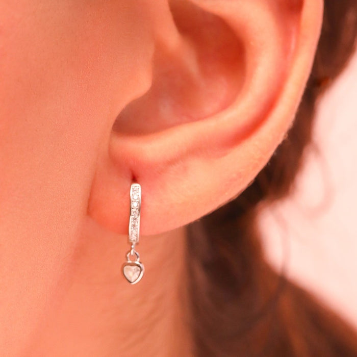 Heart Solitaire Drop Huggie 925 Silver Earrings