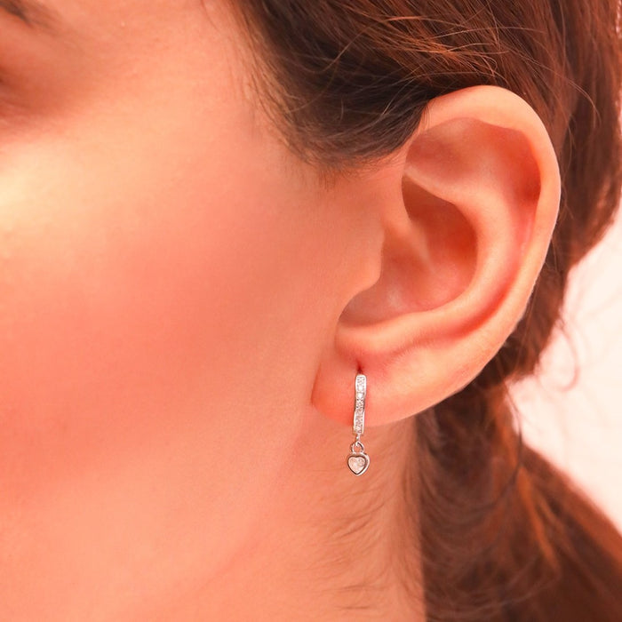 Heart Solitaire Drop Huggie 925 Silver Earrings