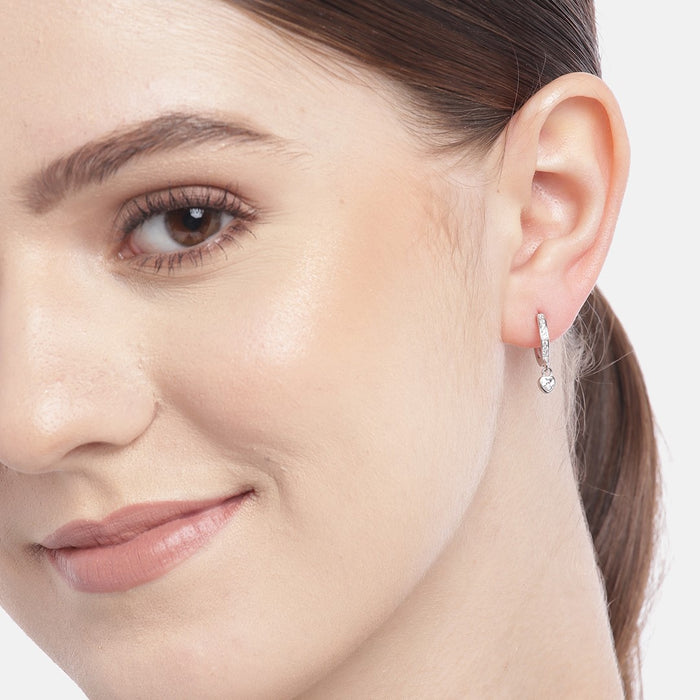 Heart Solitaire Drop Huggie 925 Silver Earrings