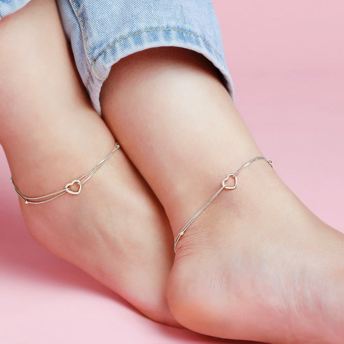 925 Sterling Silver Heartfelt Elegance Rhodium-Plated 925 Sterling Silver Heart Anklet for Women – Zavya