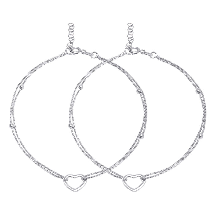925 Sterling Silver women's anklet pair featuring beaded double chains and open heart charms – Zavya
