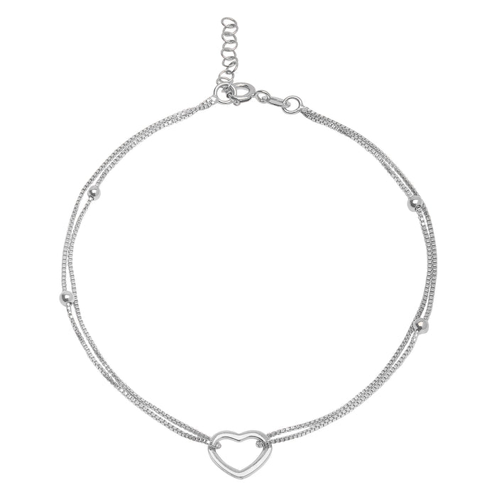 Women's 925 Sterling Silver anklet with a layered double chain, bead accents, and open heart charm – Zavya