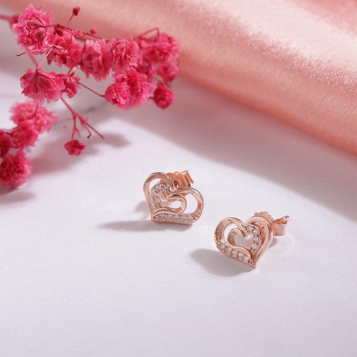 Heartfelt Radiance CZ Rose Gold Plated 925 Silver Stud Earrings