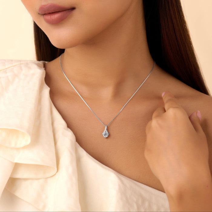 Her Defining Spark Solitaire Rhodium Plated 925 Silver Necklace