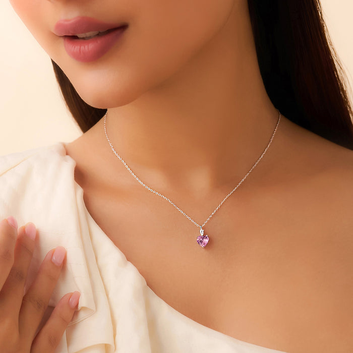 Her Heart's First Blush Pink Solitaire Rhodium Plated 925 Silver Necklace