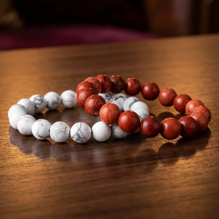 Howlite Stone Bracelet & Red Jasper Bracelet Combo for Calmness and Strength