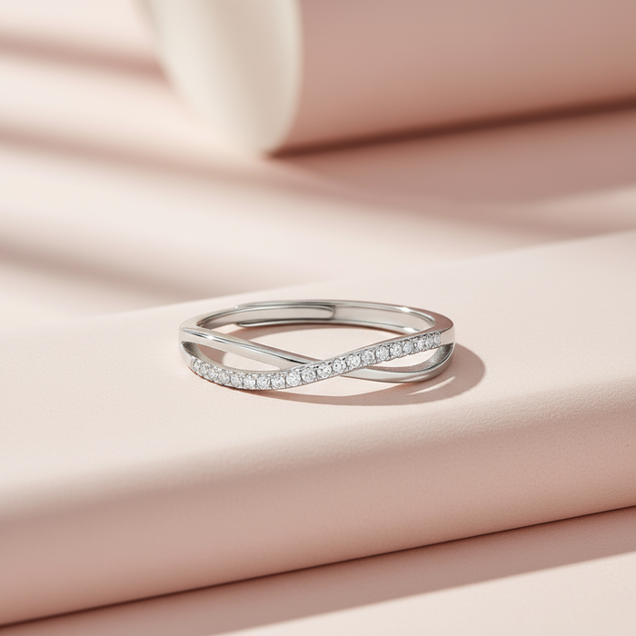 925 Sterling Silver adjustable ring with a stone-studded overlapping infinity design – Zavya