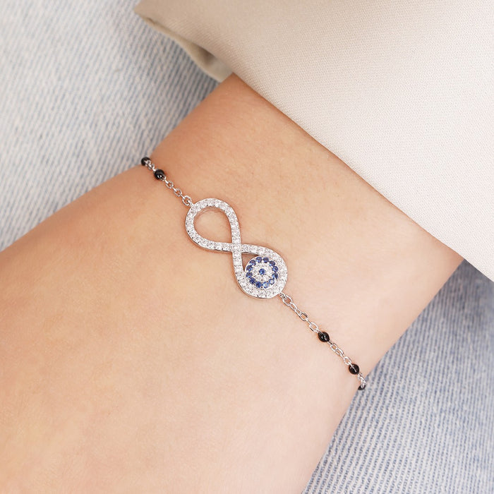 Infinity Amulet Rhodium Plated 925 Silver Evil Eye Bracelet (Adjustable)