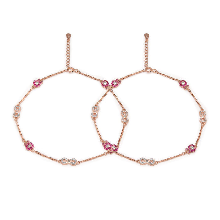 Rose gold plated 925 Sterling Silver anklet for women with CZ infinity and pink floral charms – Zavya
