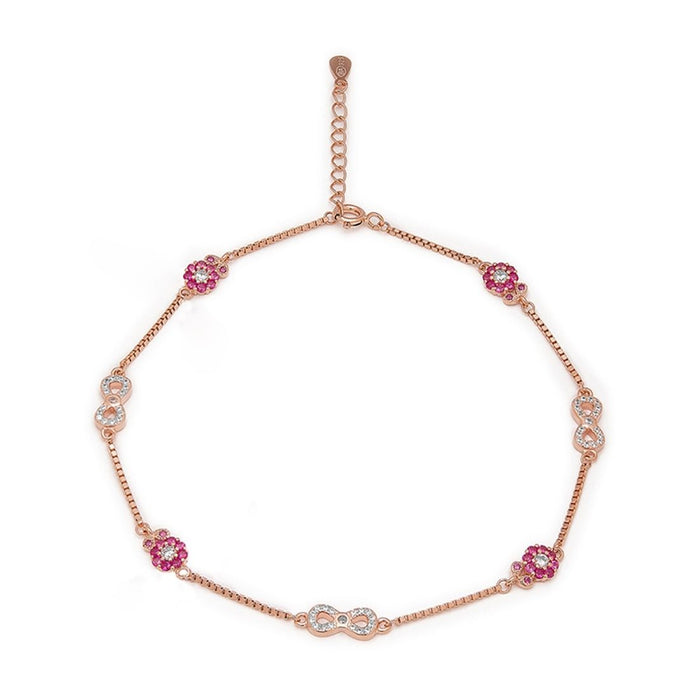 Rose gold plated 925 Sterling Silver anklet for women with pink CZ flowers & infinity links. Jewellery – Zavya