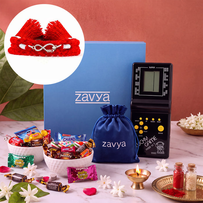 Infinity Bond CZ Rhodium Plated Silver Rakhi Nostalgic Gift Hamper Box