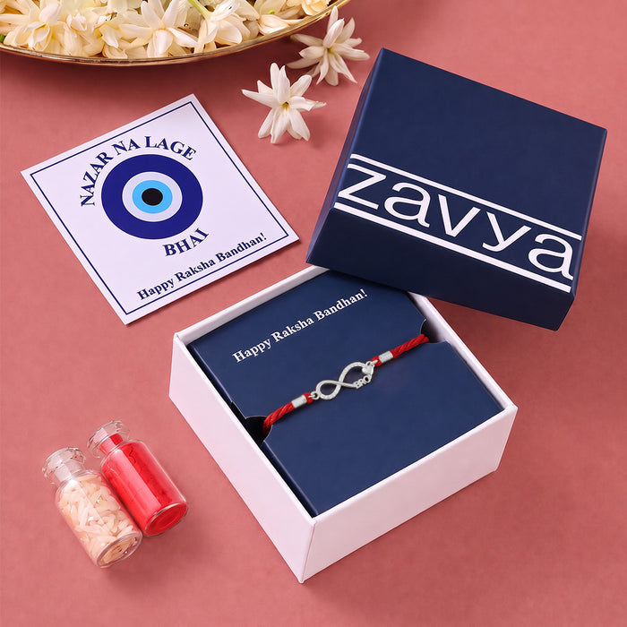 Infinity Bond CZ Rhodium Plated Silver Rakhi Nostalgic Gift Hamper Box