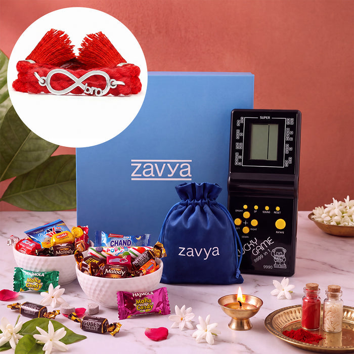 Infinity Bro Eternal Bond Rhodium Plated Silver Rakhi Nostalgic Gift Hamper Box
