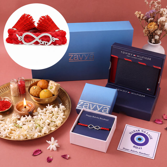 Infinity Bro Eternal Bond Rhodium Plated Silver Rakhi Tommy Hilfiger Gift Hamper