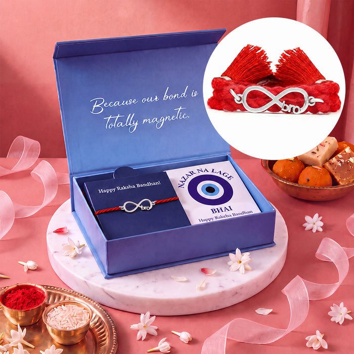 Infinity Bro Eternal Bond Silver Rakhi Fridge Magnet Hamper