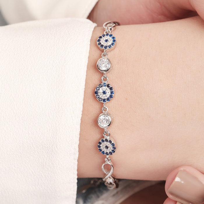 Infinity Charm Evil Eye-CZ Rhodium-Plated 925 Sterling Silver Bracelet