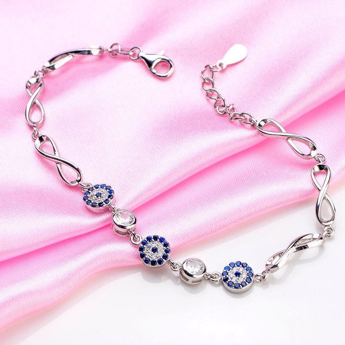 Infinity Charm Evil Eye-CZ Rhodium-Plated 925 Sterling Silver Bracelet
