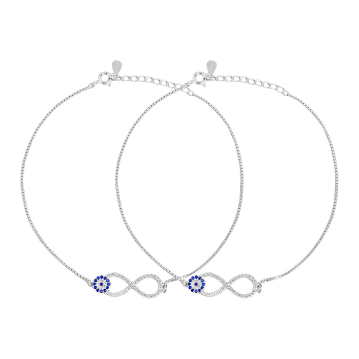 Two 925 Sterling Silver infinity evil eye anklets for women featuring sparkling stones and blue charms – Zavya