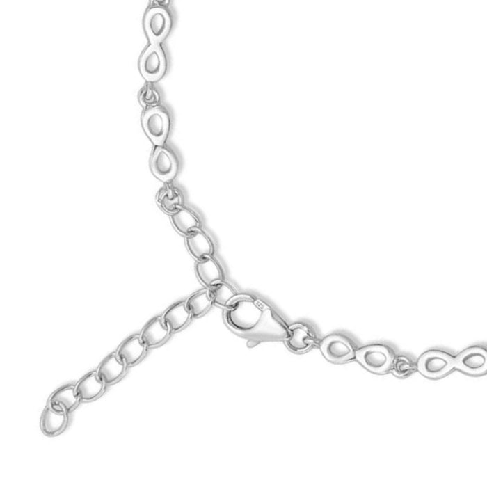Women's 925 Sterling Silver infinity bracelet showing lobster clasp and adjustable link chain – Zavya