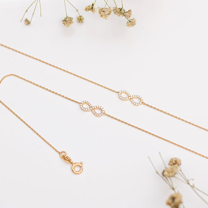 Infinity Rose Gold Plated CZ 925 Sterling Silver Anklet