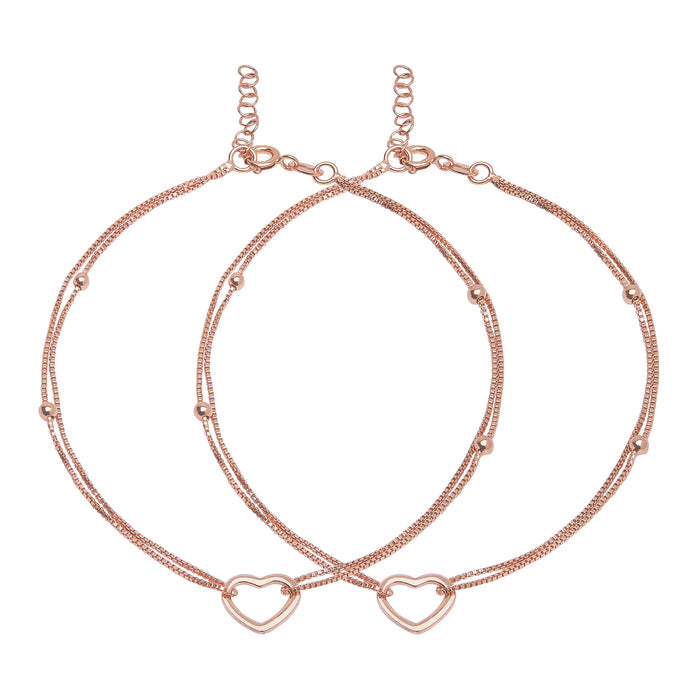 Dainty 925 Sterling Silver double chain anklets for women with small beads and open heart charms – Zavya