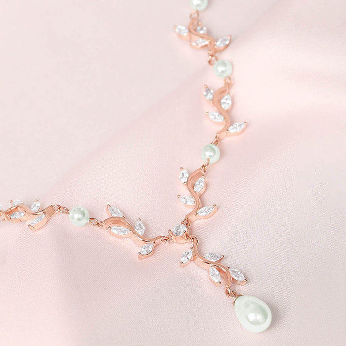 Rose gold-plated 925 Sterling Silver pendant necklace for women with CZ leaves and pearls – Zavya