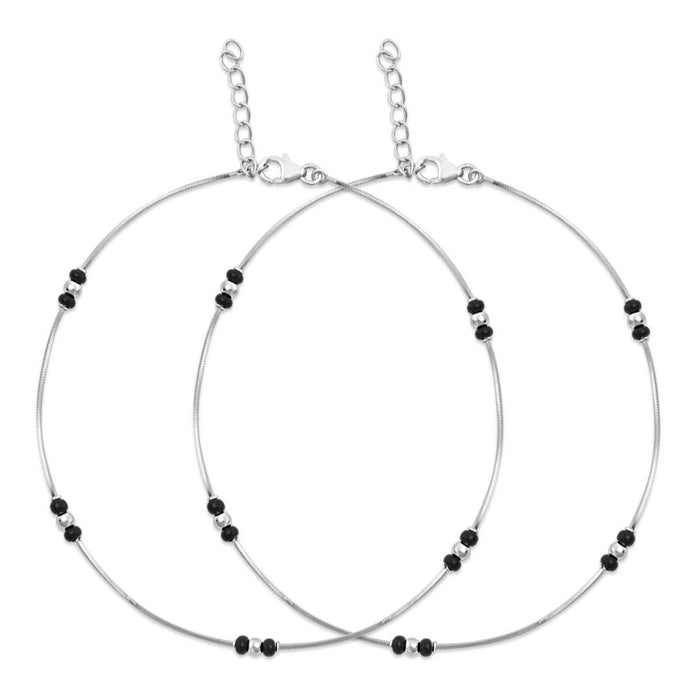 Two 925 Sterling Silver delicate bead anklets for women with black beads and adjustable chains. – Zavya