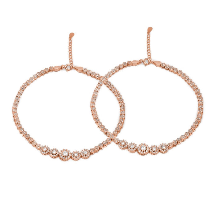 Pair of rose gold plated 925 Sterling Silver anklets for women with glimmering CZ stones – Zavya