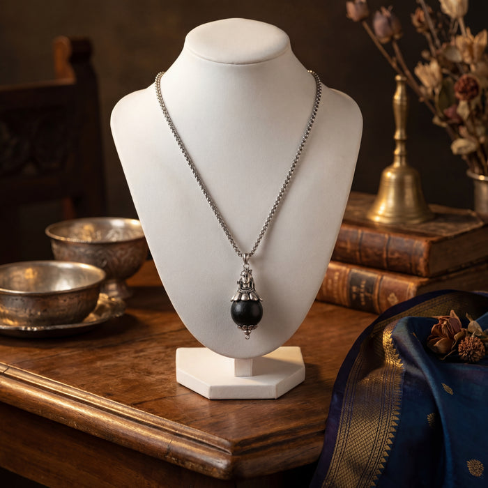 Karungali Bead with Adiyogi Pendant in Silver Chain